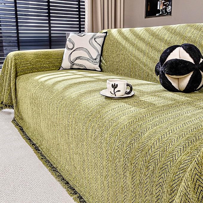 Nobildonna Sofa Cover Washable Soft Thicken Chenille Couch Cover with Tassel,Waterproof Sofa Slipcovers for 2 Cushion Couch,Loveseat,Futon Couch Furniture Protector Pet-Friendly,Yellow Green 71"x102"