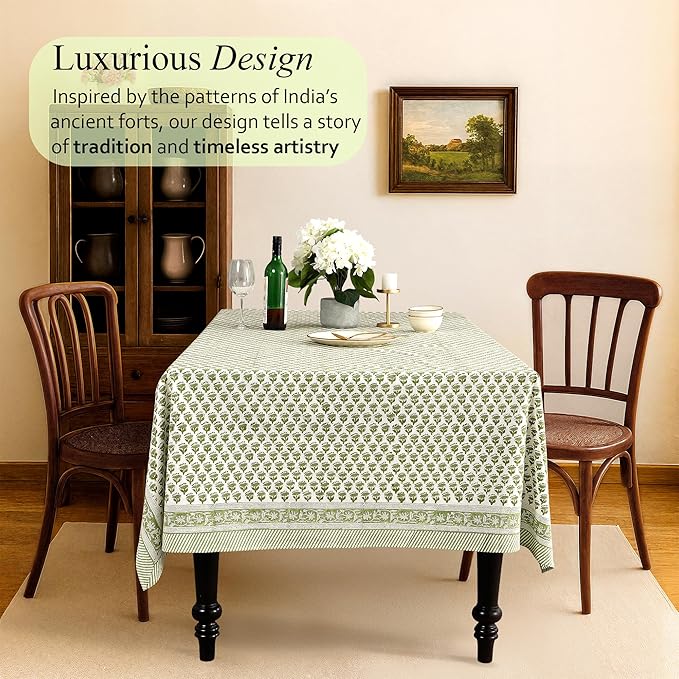 CPC Cotton Tablecloth 80x120 Inch Rectangle Indian Block Print Tablecloth- Green Washable Wedding Table Cover for Thanksgiving/Christmas- Emerald Green