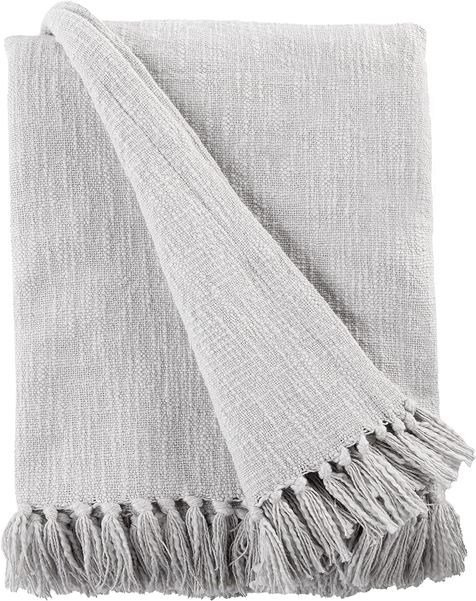 Sticky Toffee Woven Cotton Throw Blanket 60x50 in – Gray Textured Blanket with Fringe for Couch or Bed, Thick and Durable, Boho Decorative Style