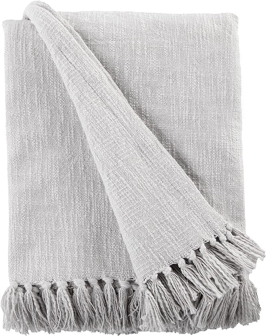 Sticky Toffee Woven Cotton Throw Blanket 60x50 in – Gray Textured Blanket with Fringe for Couch or Bed, Thick and Durable, Boho Decorative Style