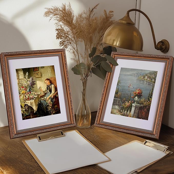 eletecpro 8x10 Picture Frames Set of 2, Vintage Photo Frames with Real Glass, Display 5x7 Photo with Mat or 8x10 without Mat for Tabletop or Wall Decor, Bronze