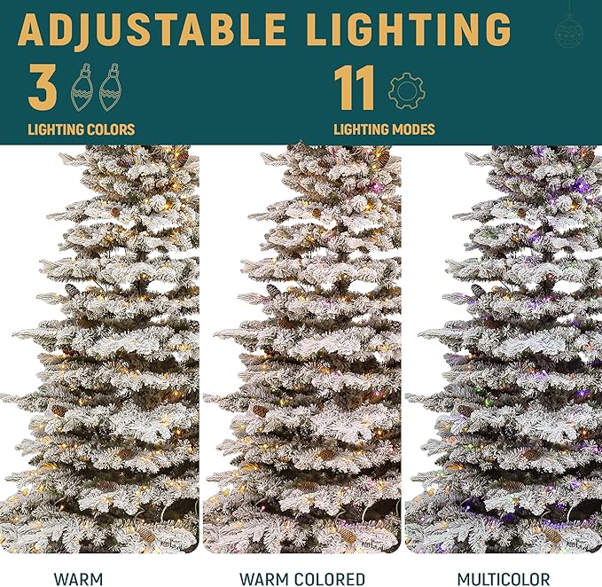 YITAHOME 7.5FT Prelit Flocked Christmas Tree w/Remote, Pre-Decorated Mountain Pine Hierarchical Tower Flocked Xmas Tree w/ 1278 Tips, 55 Pine Cones, 550 Lights & 11 Modes for Home, Party Decoration