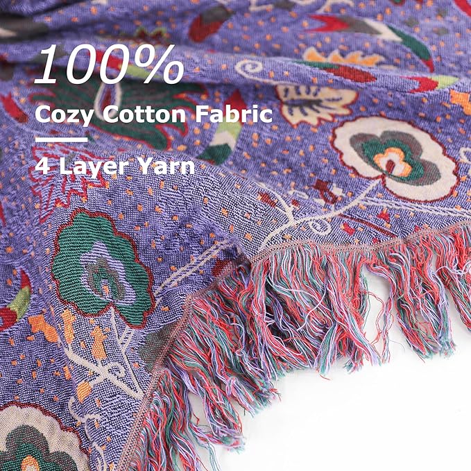 Boho Throw Blanket for Bed 100% Cotton Ultra Soft Rustic Quilt Farmhouse Decor Bed Fall Blanket,All Season Rustic Throw for Sofa Couch Chair (Flower-Purple, 80"×90")