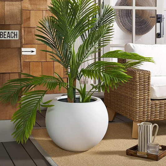 SAFAVIEH Outdoor Patio Furniture Kenslia White Concrete Ficonstone Round Planter Pot (Fully Assembled)