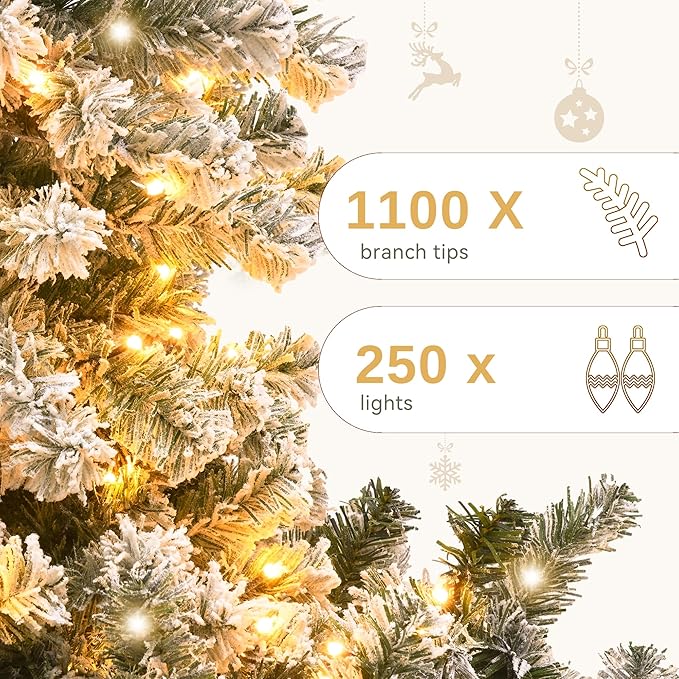 YITAHOME 6 FT Prelit Snow Flocked Christmas Tree with Remote, Hinged Pine Christmas Tree with 250 Warm White/Multicolor Changing Lights, 1100 Branch Tips, and Foldable Base for Home, Party Decoration