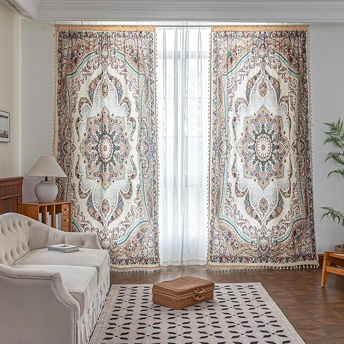 Popular Handicrafts Printed Curtains for Living Room 84 Inches Long Indian Hippie Bohemian Curtains Rod Pocket Light Filtering 2 Panels, Beige