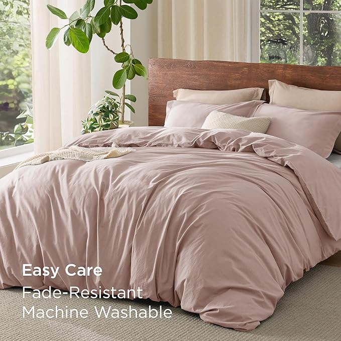 Bedsure 100% Washed Cotton Duvet Cover Queen Size - Petal Pink Minimalist Cotton Duvet Cover Linen Like for All Seasons - GentleSoft™ Plain Simple Bedding (Petal Pink, Queen, 90"x90")
