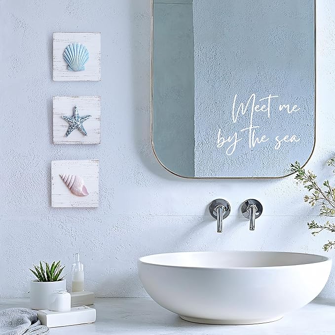 Tide and Tales 3D Beach Wall Art - Seashell with Starfish for Coastal Bathroom Decor, Ocean Inspired Decor for Bathroom, Coastal Bedroom, Living Room or Beach House, Set of 3 (6”x 6”)
