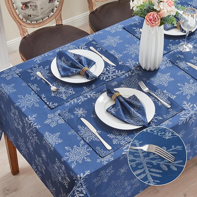 Rectangle Fancy Metallic Sparkling Snowflake Christmas Fabric Table Cloth red Hunter Gold Navy White Silver No-Iron Soil Resistant Woven Holiday Table Cover(Navy Silver/60x144Inch)