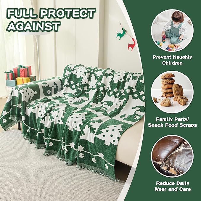 MEETSKY Christmas Couch Cover for Sectional Sofa, Chenille Green Sofa Covers Washable for Pet Friendly Snowflake Christmas Tree Decorative Couch Covers, 71" x 134"