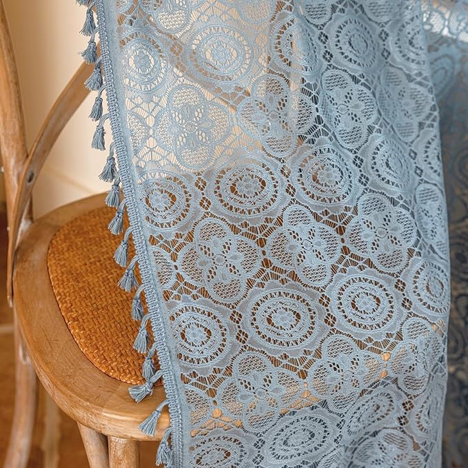 YJ YANJUN Blue Lace Curtains -96 inches Long 2 Panels, Antique Coastal Curtains for Living Room Dining Room, Crochet Boho Farmhouse Panels, Cortinas para Cuarto, 59" W x 96" L 8ft Slate Blue
