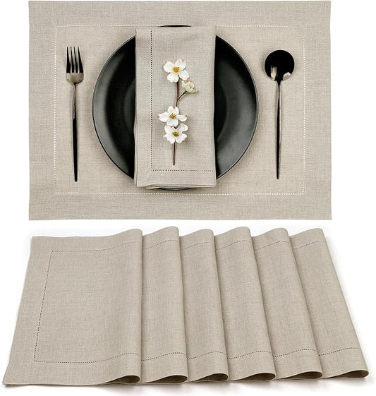 D'Moksha Homes Linen Placemats Set of 6 - Classic Hemstitch Natural Placemats 14 x 19 Inch - 100% Pure Linen Table Mats for Winter, Christmas, Holiday - Handcrafted and Machine Washable