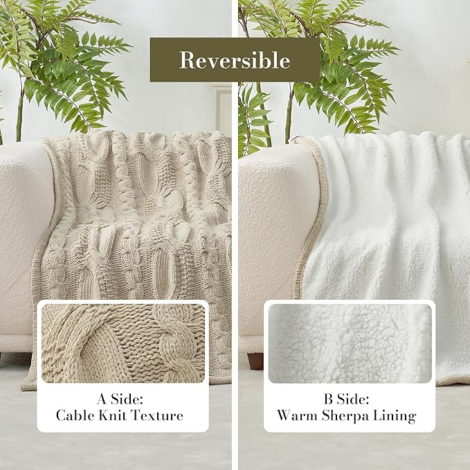 Amélie Home Cable Knit Throw Blanket for Couch Twin, Chenille Sherpa Soft Cozy Throw Blankets for Sofa Chair Comfortable Home, 60"x80", Beige