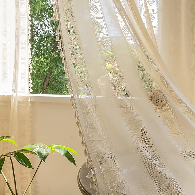 Sutuo Home Beige Boho Curtains 2 Panels Crochet Lace Patchwork Semi Sheer Bohemian Handmade Tassels, Rod Pocket Window Treatment Vintage Rustic Farmhouse Drapes for Living Bedroom, 52" W x 84" L