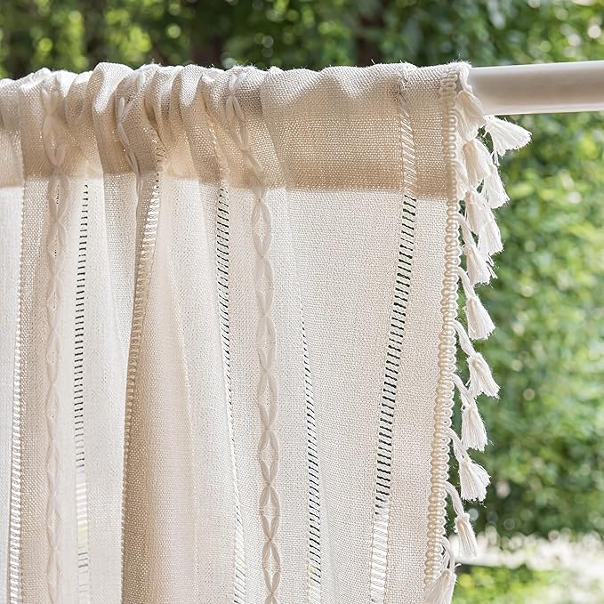 Sutuo Home Ivory Boho Curtain 52W x 18L inch White Striped Light Filtering Short Valance, 1 Panel Embroidery Bohemian Farmhouse Country Kitchen Window Treatment Decor for Small Closet