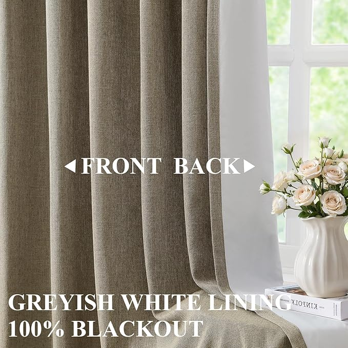 Vision Home Brown Pinch Pleated Full Blackout Curtains Linen Blended Room Darkening Window Curtains 95 inch for Living Room Bedroom Thermal Insulated Pinch Pleat Drapes with Hooks 2 Panel 40" Wx95 L