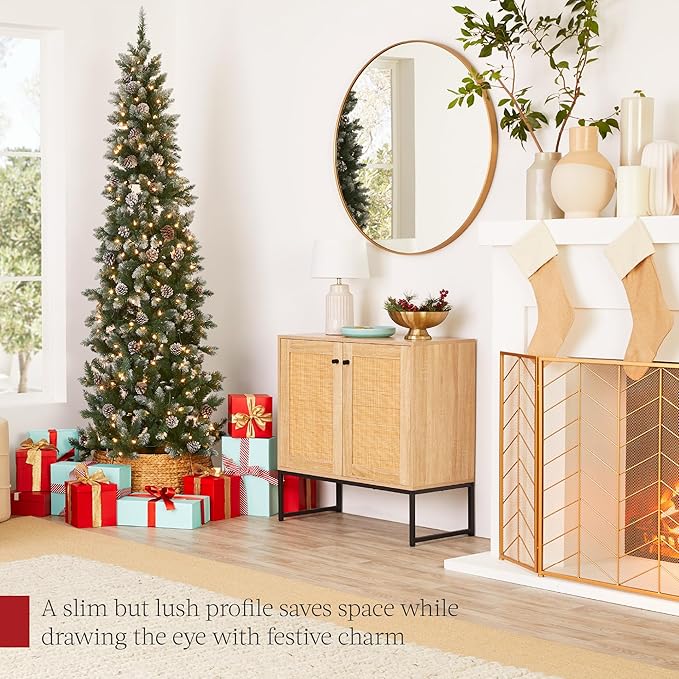 Best Choice Products 12ft Pre-lit Pencil Christmas Tree, Partially Flocked & Frosted Slim Holiday Tree Decoration, Skinny Xmas Tree, 700 Lights, 1,818 Frosted Tips, 128 Pine Cones, Foldable Stand