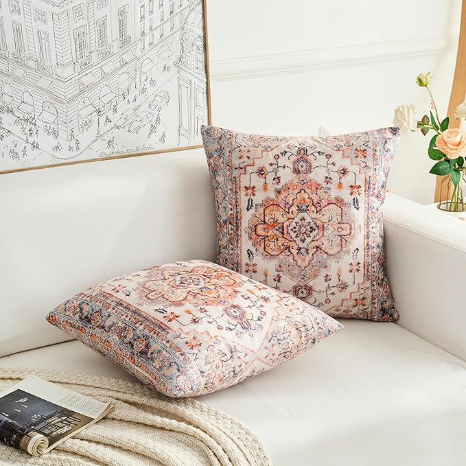 Boho Throw Pillow Covers 18x18 inch Set of 2,Boho Vintage Carpet Pattern Antique Ethnic Decor Double Sided Pattern Cushion Cover Soft Pillow Case Living Sofa Room Bed Square Pillow Cover