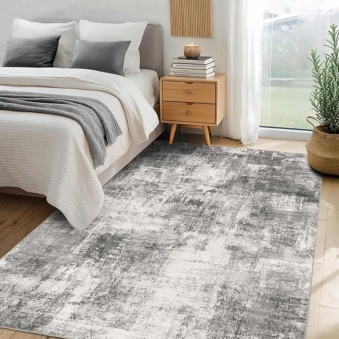 6x9 Modern Abstract Rug Washable Area Rugs for Living Room Bedroom Dining Room Non-Slip Low Pile Neutral Large Rug Soft Indoor Floor Carpet, Gray