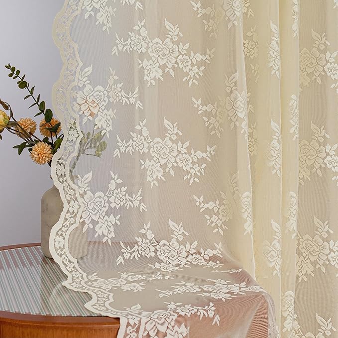 MEETSKY Lace Sheer Curtains 72 Inch Long 2 Panels Set Vintage French Victorian Spring Floral Pattern Design Light Filtering Back Tab Rod Pocket Drapes for Living Room, 50" W Each Panel, Light Yellow