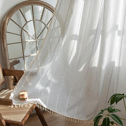 Sutuo Home Boho Curtain for Bedroom Living Room Kitchen, Semi Blackout Linen Farmhouse Shabby Chic Tassels Window Treatment Bohemian Embroidery Drape, Rod Pocket 1 Panel 52" W x 96" L, Light Grey