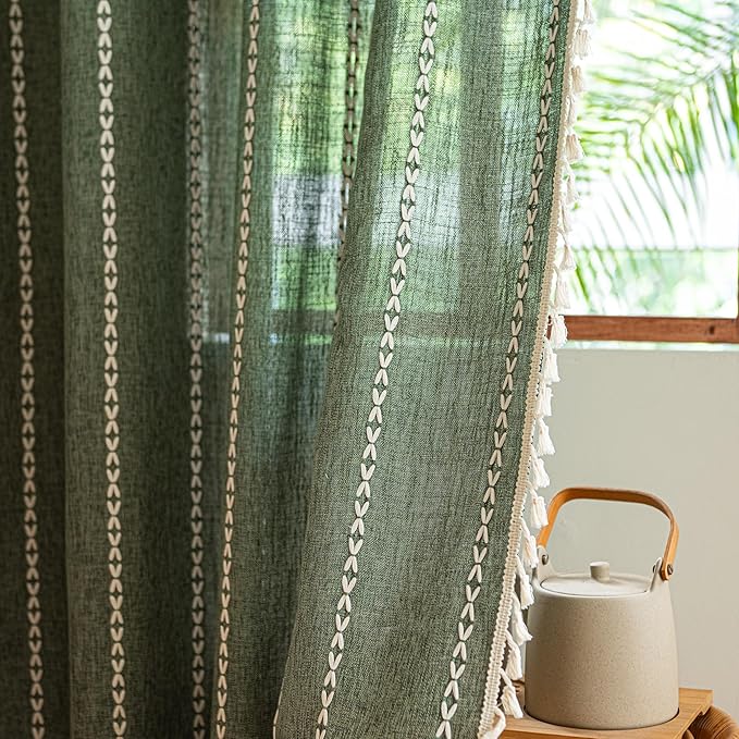 Sutuo Home Boho Window Curtains for Nursery Bedroom, Light-Filtering Linen French Country Shabby Chic Window Treatment Bohemian Embroidery Knitted Drape, Rod Pocket 1 Panel 52" W x 72" L, Olive Green