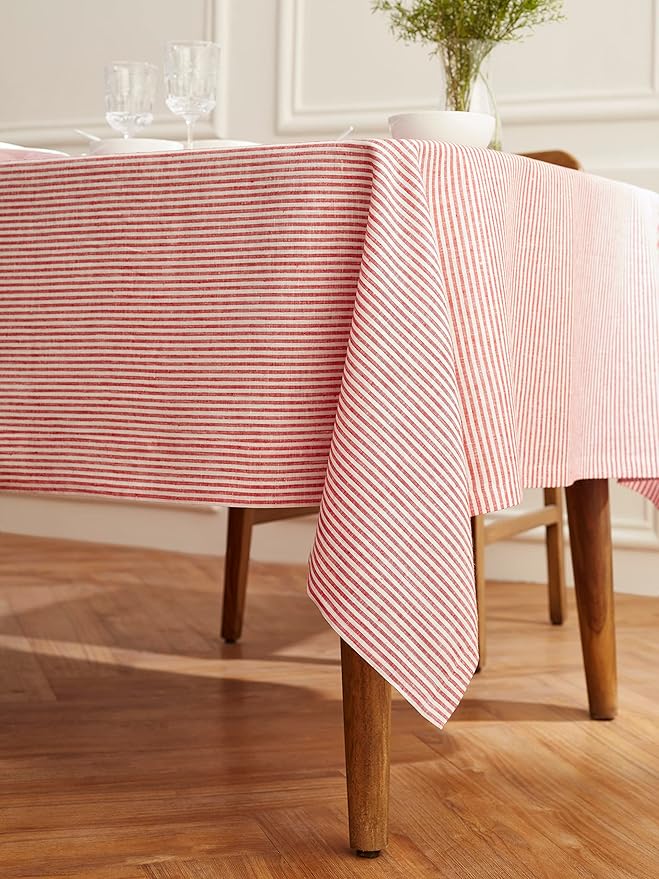 Solino Home Linen Striped Tablecloth 60 x 132 Inch - 100% Pure Linen Red and White Table Cloth for Rectangle Tables - Narrow Stripe, Machine Washable Tablecloth