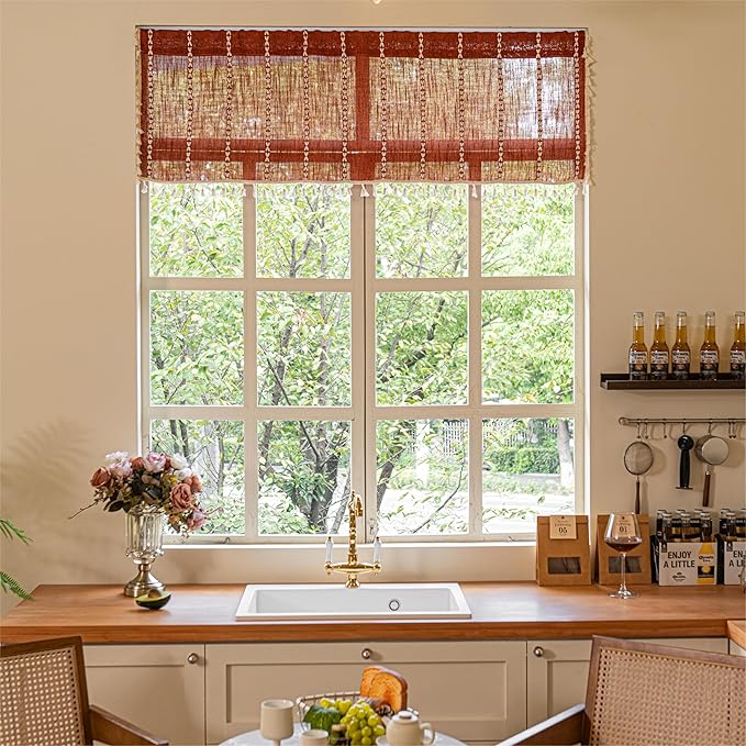Sutuo Home Boho Valance Short Curtains For Windows Tier, Bohemian Linen Tassles Light Filtering Vintage French Country Window Treatment Fall Curtain Drape, Rod Pocket 1 Panel 52" W x 18" L, Terracotta