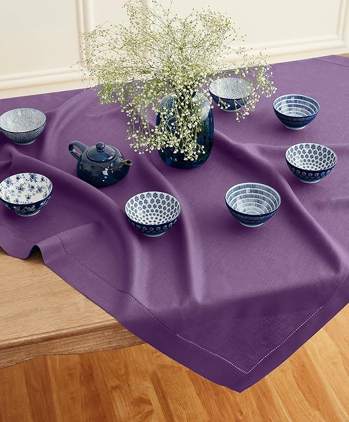 Solino Home Square Linen Tablecloth 52 x 52 Inch - 100% Pure Linen Purple Table Throw - Classic Hemstitch, Machine Washable Table Cloth for Fall, Autumn, Thanksgiving