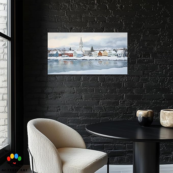 GUTTATY Christmas Winter Scene Canvas Wall Art, Snowy Village Houses & Church Wall Decor, Serene Winter Pictures, Holiday Wall Prints for Living Room, Bedroom, Office, 24x12 Inch