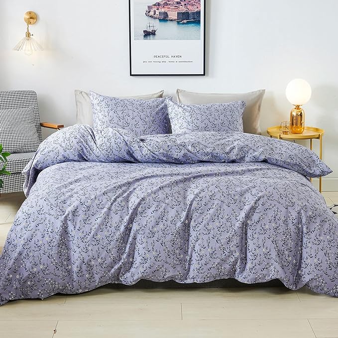 HoneiLife Duvet Cover King Size - 100% Cotton Comforter Cover Floral Duvet Cover Sets,Pale Purple Duvet Cover with Zipper Closure and Corner Ties,3pcs Wildflower Comforter Cover Sets- Lavender Grey