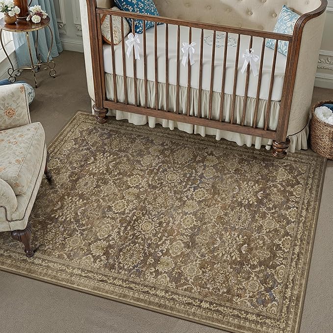 3x5 Vintage Area Rug Brown Entryway Washable Carpet Non Slip Bedroom Indoor Living Room Door Mat Low Pile Traditional Distressed Retro Floral Accent Rug for Dining Room Bathroom Kitchen