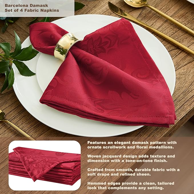 Newbridge Barcelona Damask Fabric Tablecloth, 52 x 52 Inch Square, Red – No Iron, Soil Resistant Table Cover for Dining, Parties and Holidays