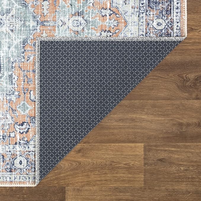 Bloom Rugs Washable Non-Slip 4' x 6' Rug - Peach/Blue Traditional Area Rug for Living Room, Bedroom, Dining Room, and Kitchen - Exact Size: 4' x 6'