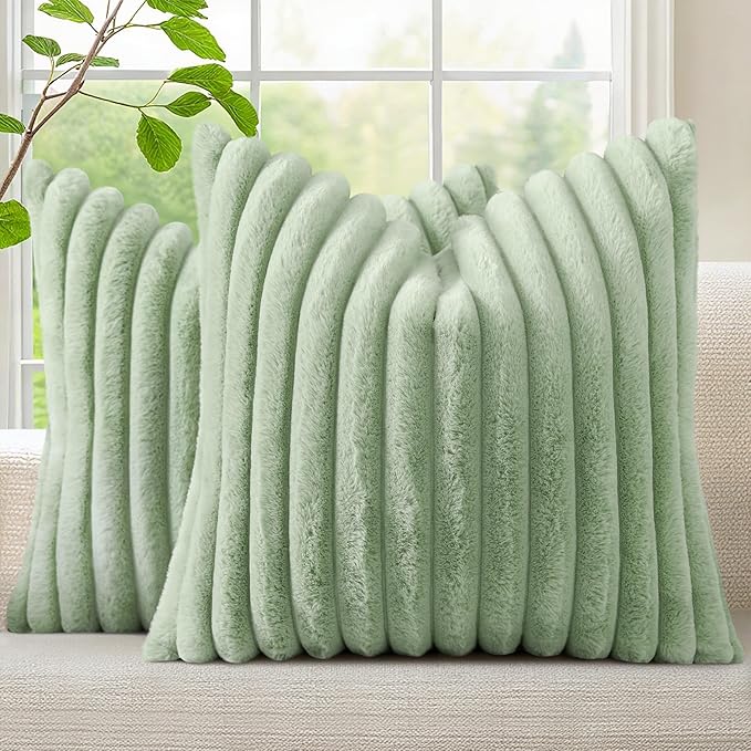 decorUhome Faux Fur Christmas Throw Pillow Covers 26x26 Set of 2, Decorative Soft Plush Striped Neutral Couch Euro Pillow Covers with Velvet Back for Sofa, Bed, Living Room Home Decor, Sage Green