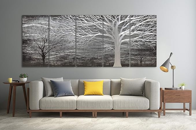 Yihui Arts Tree Metal Wall Art For Living Room Black Grey Silver Color Pictuers For Decor