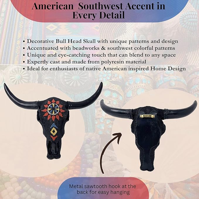BestGiftEver Wall Sculpture Black Beaded Bull Skull - Steer Head Southwestern Rustic Aztec Tribal Style Wall Decor - Cow Skull Western Native American Home Decor for Hunting Enthusiasts