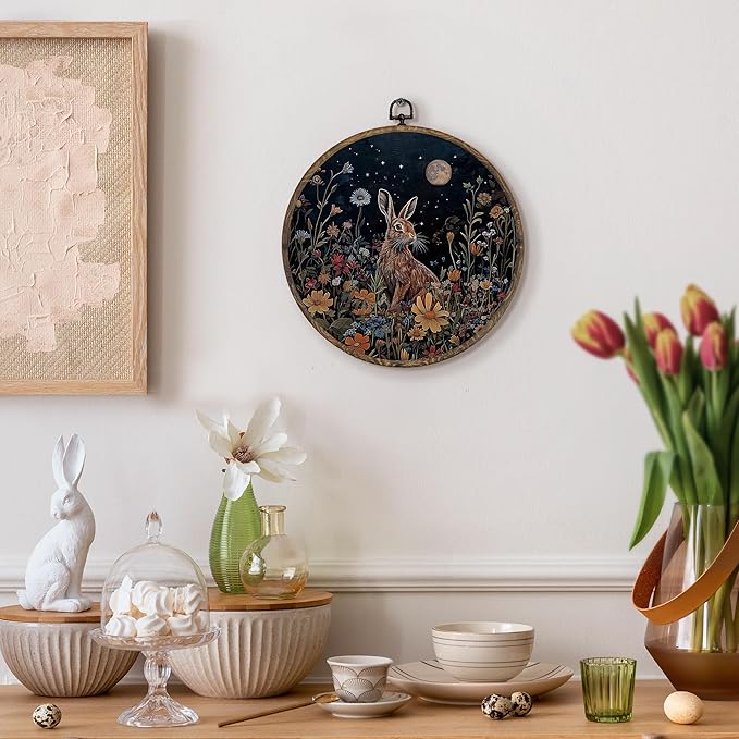 KFXHANGD Vintage Witchy Bunny Round Wall Art Framed, Dark Cottagecore Rabbit Botanical Canvas Wall Art Decor, Farmhouse Bunny Floral Hanging Decor for Bathroom Bedroom Living Room, 10x10inch