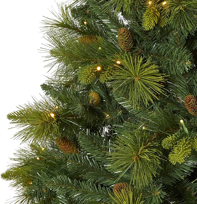 Nearly Natural 7.5ft. North Carolina Mixed Pine Artificial Christmas Tree with 470 Warm White LED Lights, 1895 Bendable Branches and Pinecones