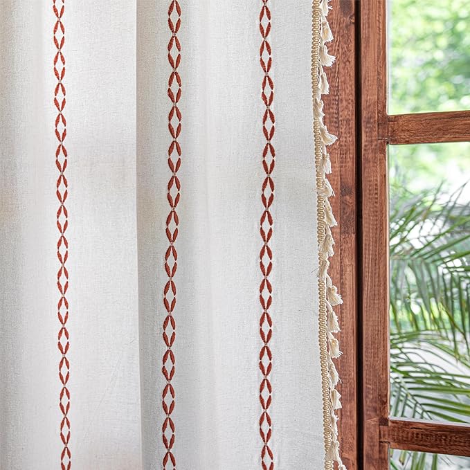 Sutuo Home Boho Curtains 63 Inch Length for Kitchen Bedroom Living Room, Light Filtering Cotton Embroideried Bohemian Striped Semi Blackout Farmhouse Decor, White and Terracotta 1 Panel W52 x L63