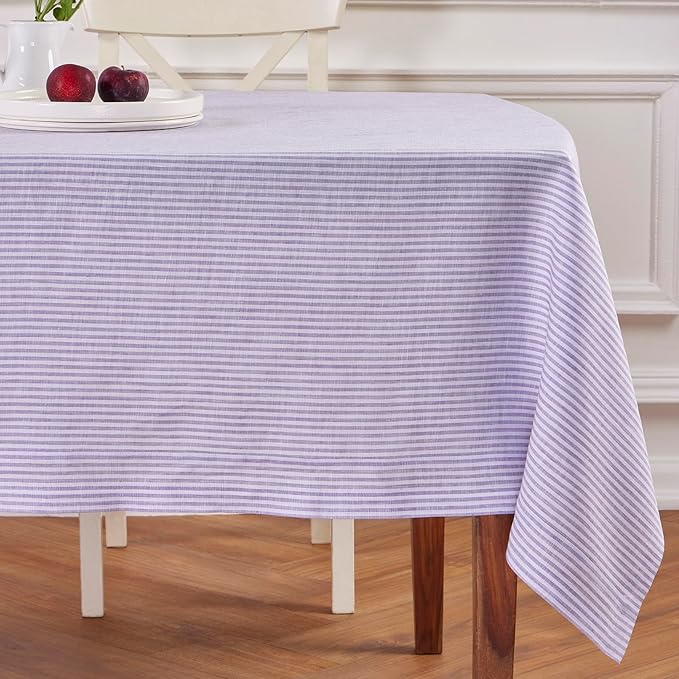 Solino Home Linen Striped Tablecloth 60 x 108 Inch - 100% Pure Linen Lavender and White Table Cloth for Rectangle Tables - Narrow Stripe, Machine Washable Tablecloth for Fall, Thanksgiving, Christmas