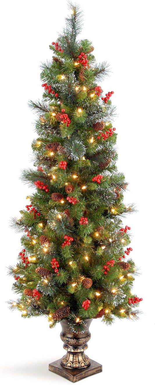 National Tree Company Pre-Lit Artificial Entrance Christmas Tree, Green, Crestwood Spruce, White Lights, Decorated with Pine Cones, Berry Clusters, Frosted Branches, Includes Pot Base, 5 Feet