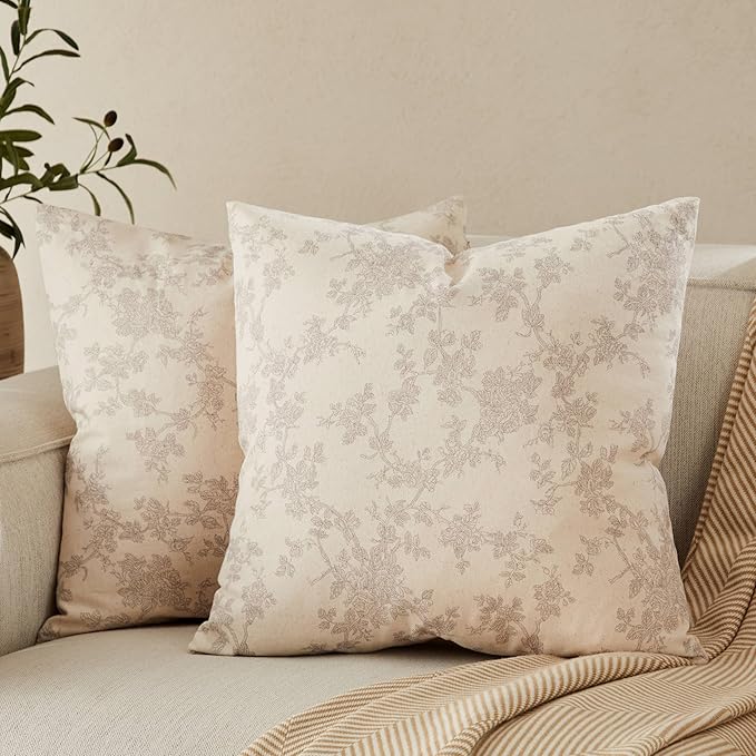 100% Cotton French Pastoral Throw Pillow Covers Set of 2, 20x20 Inch Grey Farmhouse Decorative Cushion Covers for Sofa Bed Living Room Home Decor