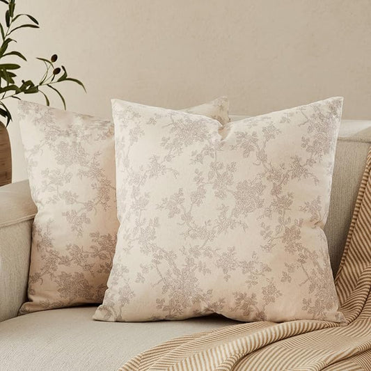 100% Cotton French Pastoral Throw Pillow Covers Set of 2, 24x24 Inch Grey Farmhouse Decorative Cushion Covers for Sofa Bed Living Room Home Decor