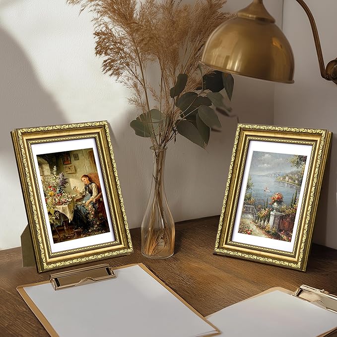 eletecpro 4x6 Picture Frames Set of 2, Vintage Photo Frames with Glass, Display 3.5x5 Photo with Mat or 4x6 without Mat for Tabletop or Wall Decor, Gold