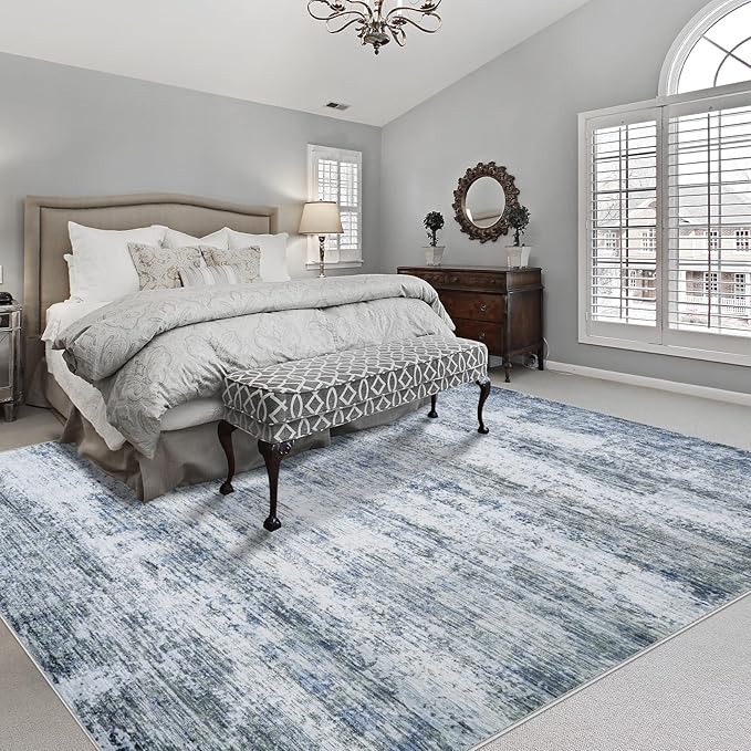 8x10 Area Rugs for Living Room: Large Machine Washable Area Rug with Non Slip Backing Non Shedding Abstract Stain Resistant Carpet for Bedroom Dining Room Nursery Home Office - Blue/Gray