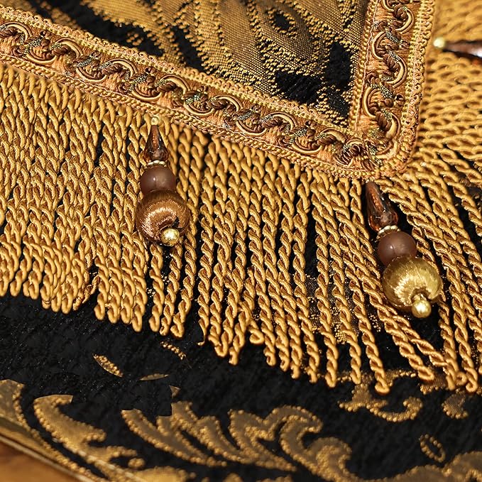 Loom and Mill Luxury Chenille Table Runner 120 Inches Long, Black Damask Jacquard Table Runners with Multi-Tassels for Halloween Dining Room Dresser Party Holiday Banquet Decorations(Black,13*120inch)