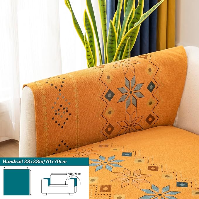 Boho Chenille Couch Covers,Geometric Couch Covers for Sofa,Chenille Couch Cover Non Slip,Sectional l Shaped Sofa Furniture Protector Cover for Home Decor,Orange_Handrail 28x28in/70x70cm