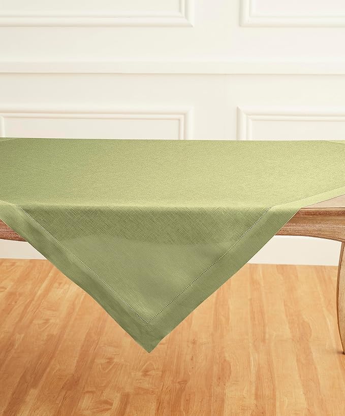 Solino Home Square Linen Tablecloth 52 x 52 Inch - 100% Pure Linen Moss Green Table Throw - Classic Hemstitch, Machine Washable Table Cloth for Fall, Autumn, Thanksgiving, Winter