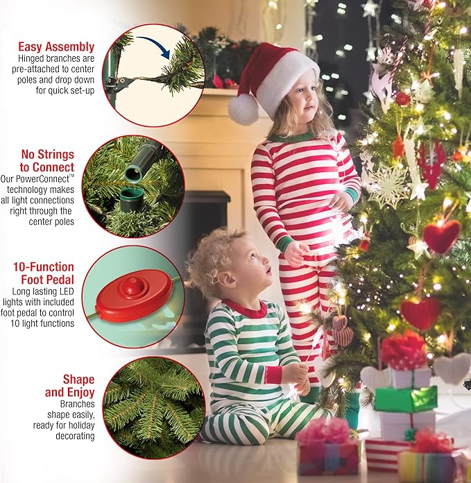 National Tree Company 12 ft Pre-Lit Dunhill Fir Artificial Christmas Tree, 1,200 LED Lights, 7,794 Tips, PowerConnect, Foot Pedal, 10 Light Functions, Includes Stand, Green